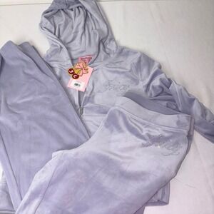 Juicy Couture Velour Tracksuit Set Lavender Rhinestone Logo Hoodie Pants large